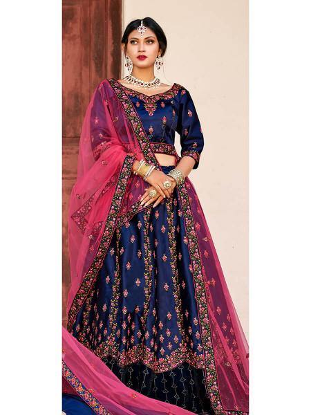Myra Navy Blue Satin Embroidered Lehenga - Distacart