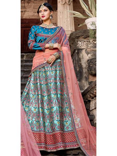 Myra Skyblue Satin Embroidered Lehenga - Distacart
