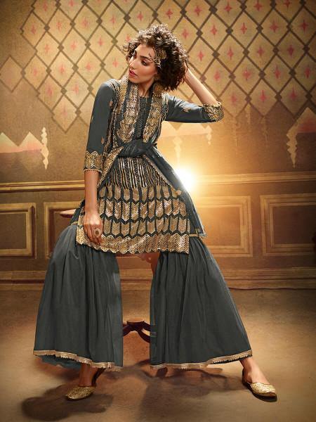 Myra Grey Soft Net Gharara Suit - Distacart
