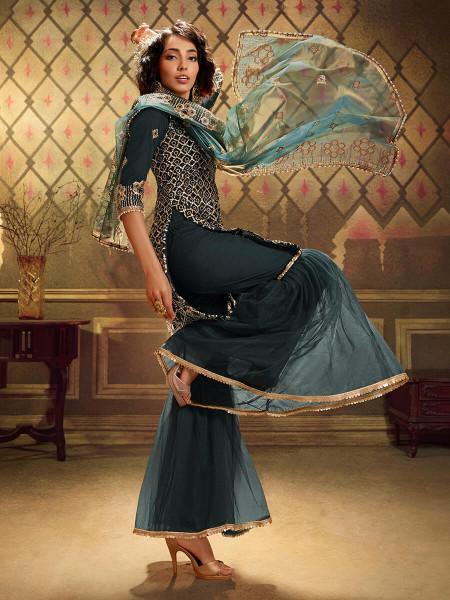 Myra Rama Green Soft Net Gharara Suit - Distacart
