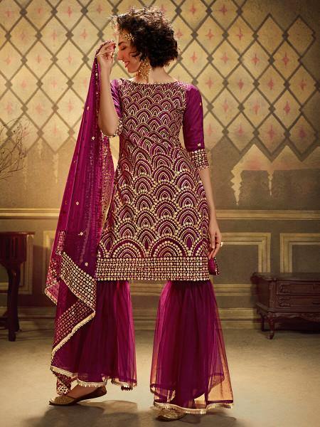 Myra Wine Soft Net Gharara Suit - Distacart