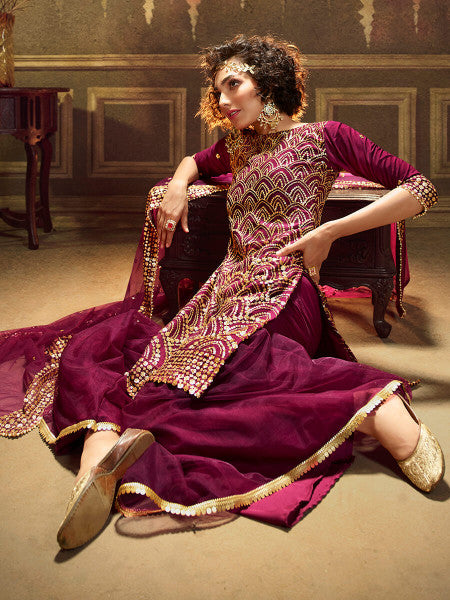 Myra Wine Soft Net Gharara Suit - Distacart