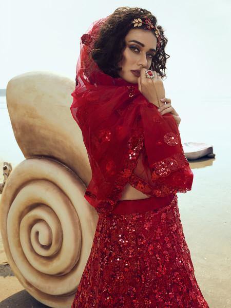 Myra Red Embroidered Net Lehenga - Distacart