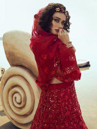 Thumbnail for Myra Red Embroidered Net Lehenga - Distacart