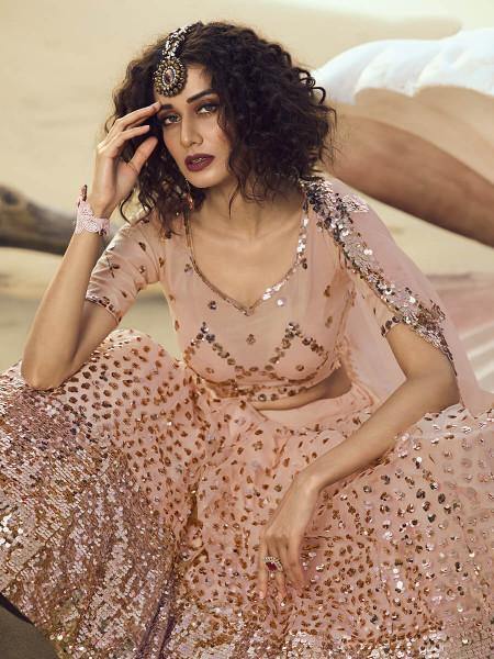 Myra Peach Embroidered Net Lehenga - Distacart