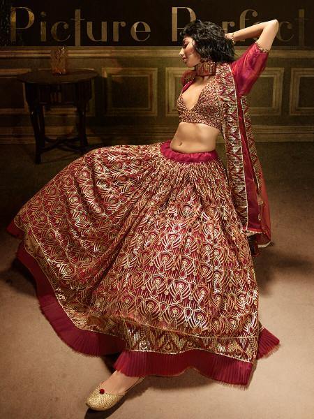 Myra Maroon Embroidered Net Lehenga - Distacart
