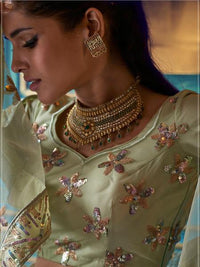 Thumbnail for Myra Green Heavy Embroidered Net Lehenga - Distacart