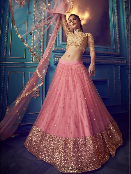Myra Pink Heavy Embroidered Net Lehenga - Distacart