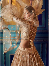 Thumbnail for Myra Beige Heavy Embroidered Net Lehenga - Distacart