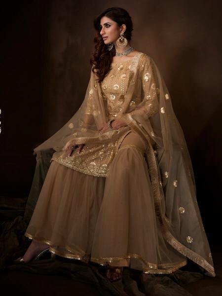 Myra Beige Soft Net Gharara Suit - Distacart