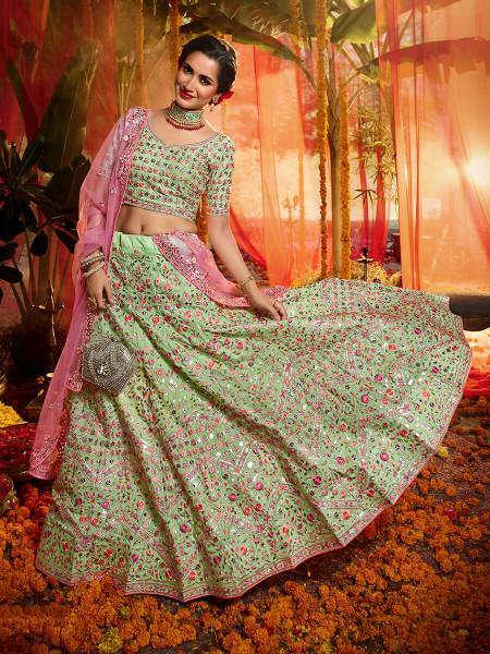 Myra Green and Pure Organza Embroidered Lehenga - Distacart