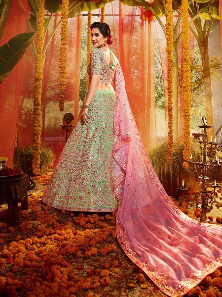 Myra Green and Pure Organza Embroidered Lehenga - Distacart