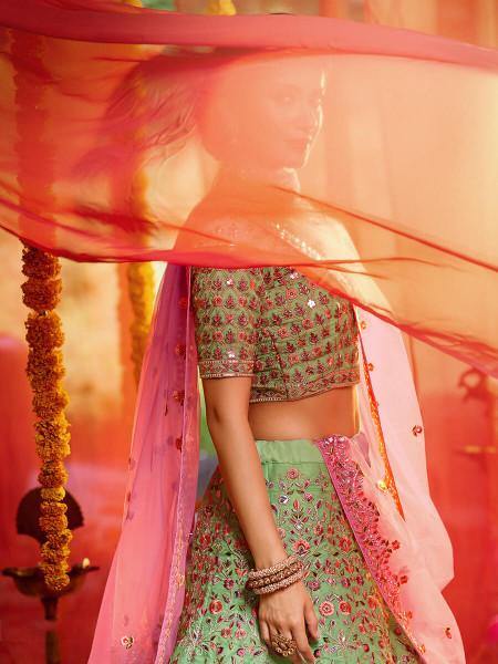 Myra Green and Pure Organza Embroidered Lehenga - Distacart