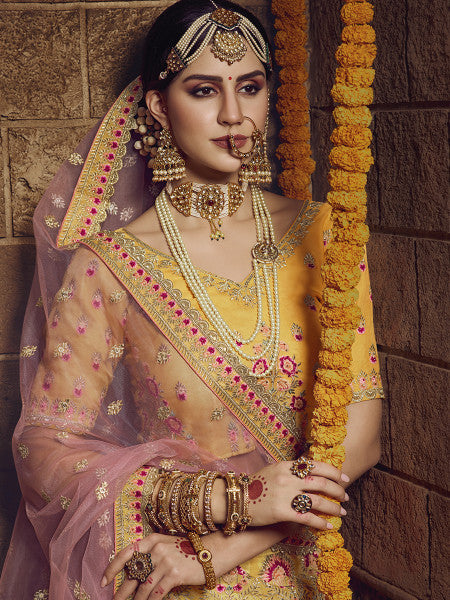 Myra Yellow Heavy Embroidered Organza Lehenga - Distacart