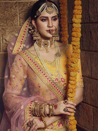 Thumbnail for Myra Yellow Heavy Embroidered Organza Lehenga - Distacart