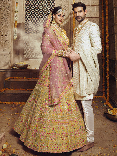 Myra Yellow Heavy Embroidered Organza Lehenga - Distacart