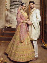 Thumbnail for Myra Yellow Heavy Embroidered Organza Lehenga - Distacart
