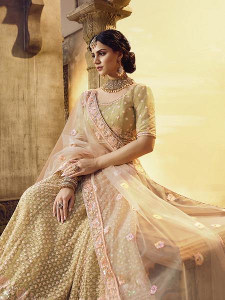 Myra Golden Heavy Embroidered Georgette Lehenga - Distacart