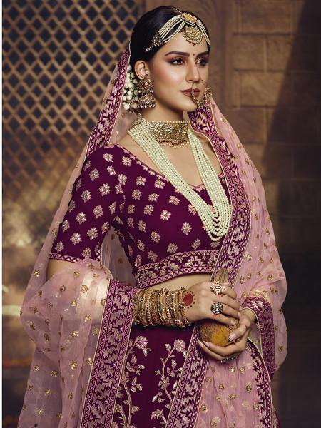 Myra Wine Heavy Embroidered Georgette Lehenga - Distacart
