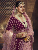 Thumbnail for Myra Wine Heavy Embroidered Georgette Lehenga - Distacart