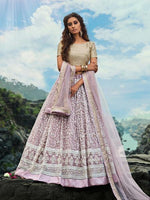 Thumbnail for Myra Cream and Lilac Net Embroidered Lehenga Choli - Distacart