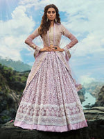 Thumbnail for Myra Cream and Lilac Net Embroidered Lehenga Choli - Distacart