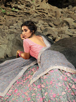 Thumbnail for Myra Pink and Grey Net Embroidered Lehenga - Distacart