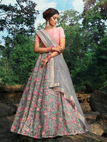 Thumbnail for Myra Pink and Grey Net Embroidered Lehenga - Distacart