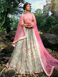 Thumbnail for Myra Pink and Light Green Embroidered Net Lehenga - Distacart