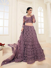 Thumbnail for Myra Violet Heavy Embroidered Net Lehenga - Distacart