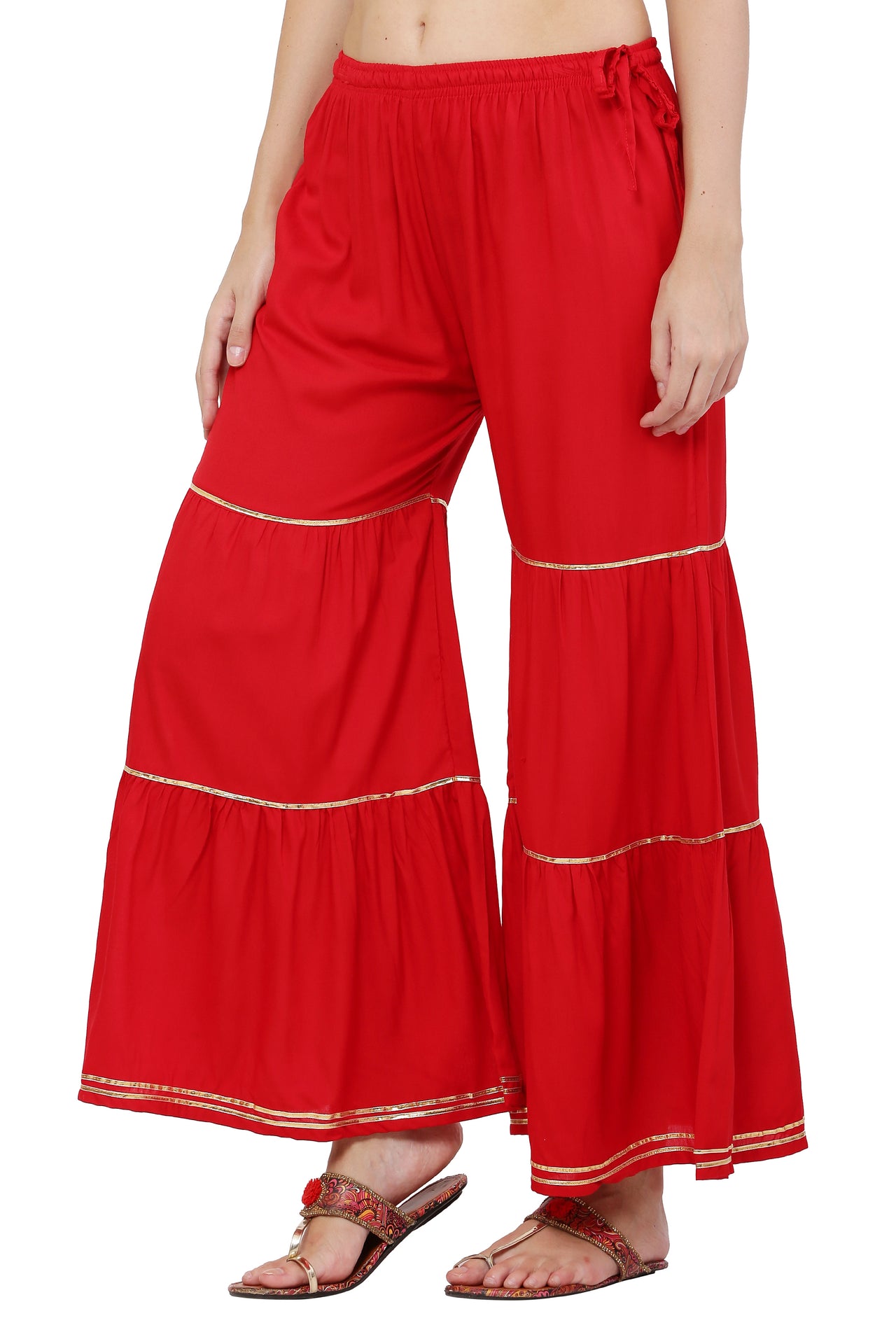 PAVONINE Red Color 3-Panels Golden Gota Flared Sharara For Women - Distacart