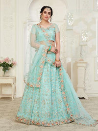 Thumbnail for Myra Baby Blue Heavy Embroidered Net Lehenga