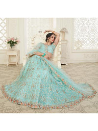Thumbnail for Baby Blue Heavy Embroidered Net Lehenga