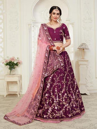 Thumbnail for Myra Wine Mulberry Embroidered Lehenga