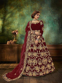 Thumbnail for Myra Maroon Velvet Embroidered Anarkali Suit