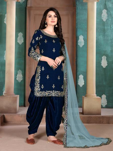 Myra Navy Blue Art Silk Embroidered Patiyala Suit - Distacart