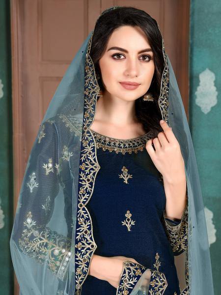 Myra Navy Blue Art Silk Embroidered Patiyala Suit - Distacart