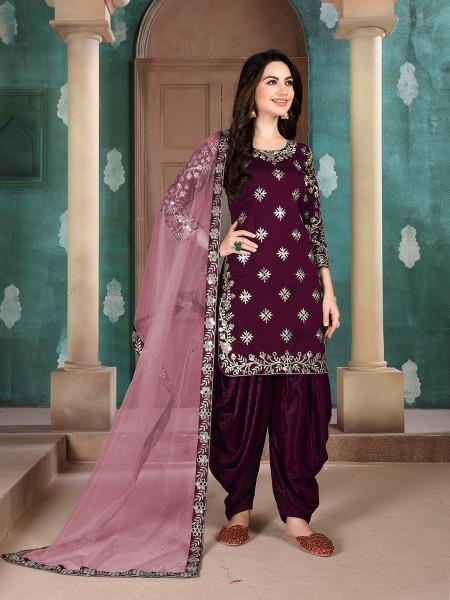 Myra Wine Art Silk Embroidered Patiala Suit