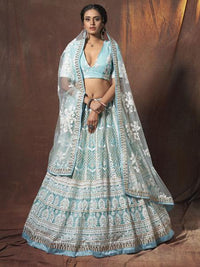 Thumbnail for Myra Baby Blue Embroidered Soft Net Lehenga Online