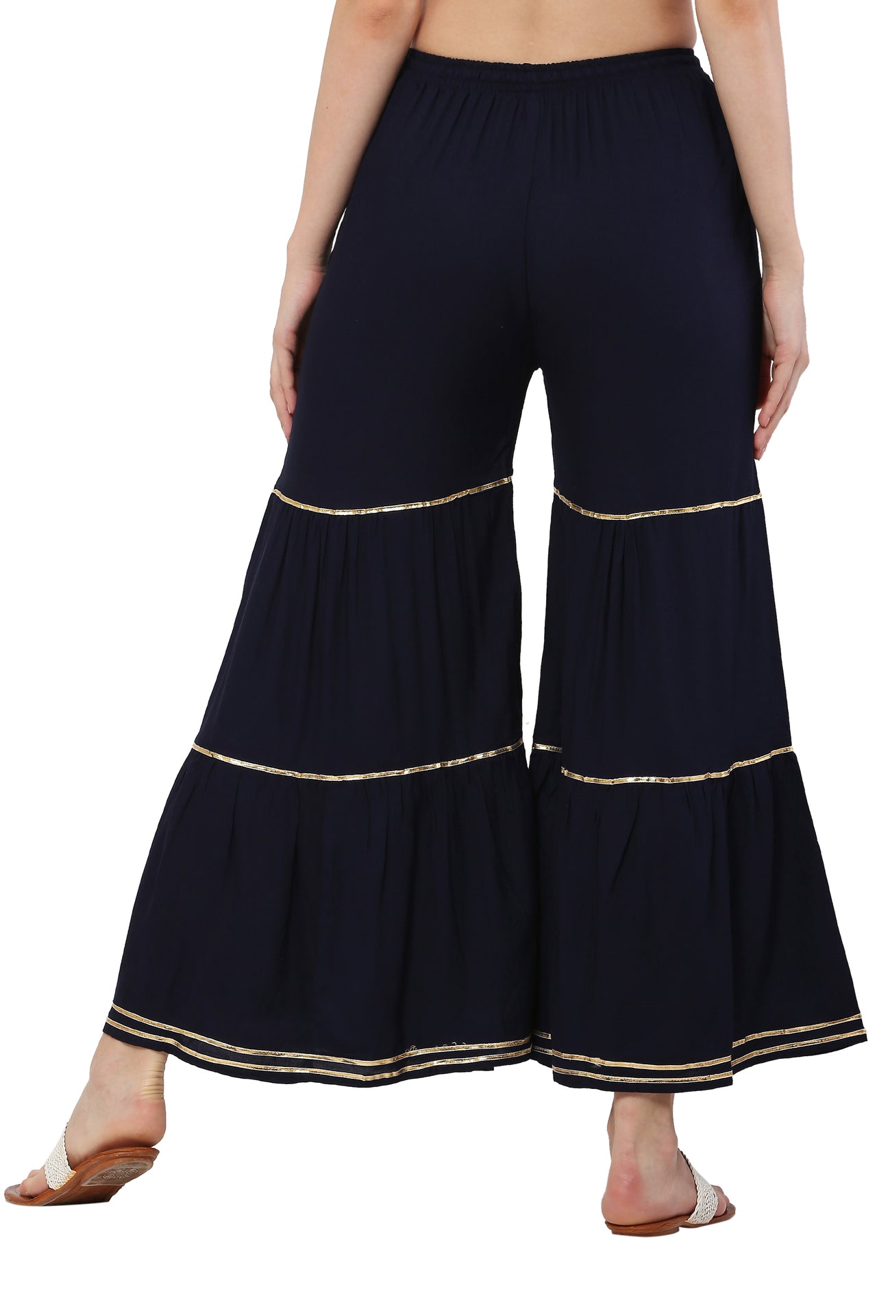 PAVONINE Navy Blue Color 3-Panels Golden Gota Flared Sharara For Women - Distacart