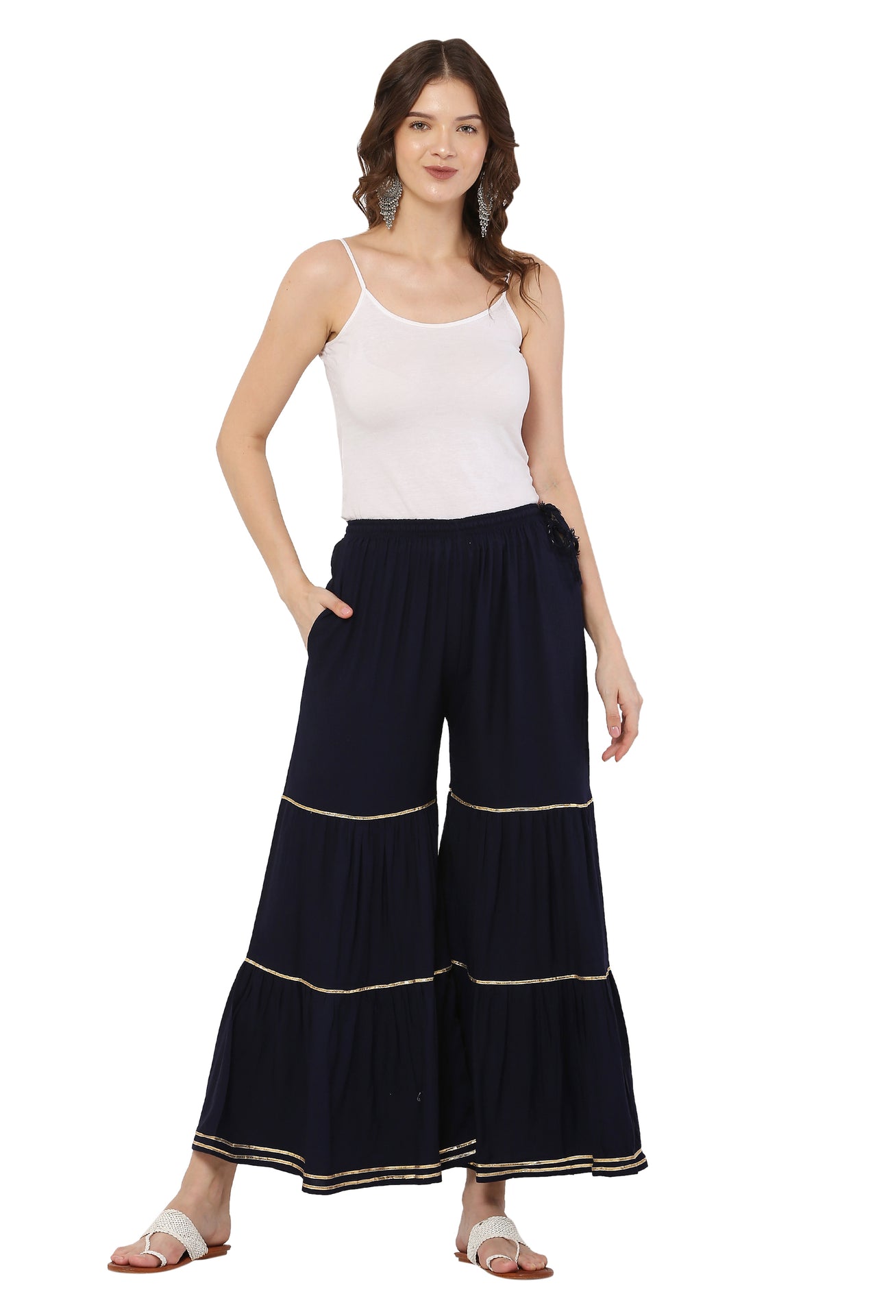 PAVONINE Navy Blue Color 3-Panels Golden Gota Flared Sharara For Women - Distacart