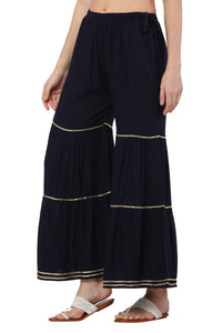Thumbnail for PAVONINE Navy Blue Color 3-Panels Golden Gota Flared Sharara For Women - Distacart