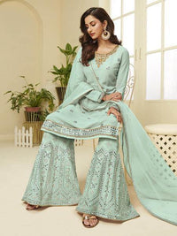 Thumbnail for Myra Aqua Blue Georgette Embroidered Palazzo Suit - Distacart