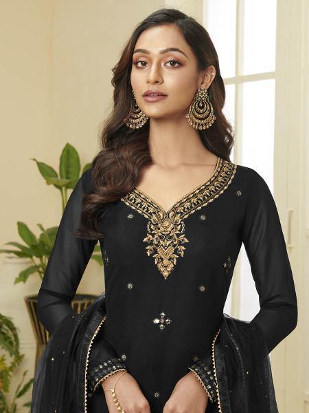 Black Georgette Embroidered Palazzo Suit