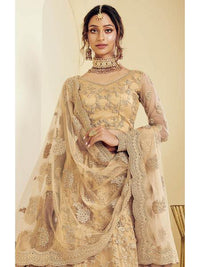 Thumbnail for Beautiful Fashion Golden Heavy Embroidered Net Bridal Lehenga