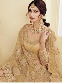 Thumbnail for Myra Golden Heavy Embroidered Net Bridal Lehenga