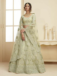 Thumbnail for Myra Mint Green Heavy Embroidered Net bridal Lehenga - Distacart