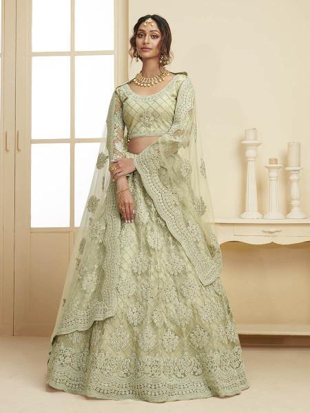 Myra Mint Green Heavy Embroidered Net bridal Lehenga - Distacart