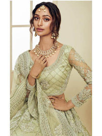 Thumbnail for Myra Mint Green Heavy Embroidered Net bridal Lehenga - Distacart