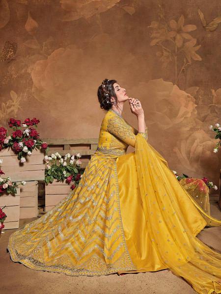 Mustard Yellow Butterfly Net Embroidered Anarkali
